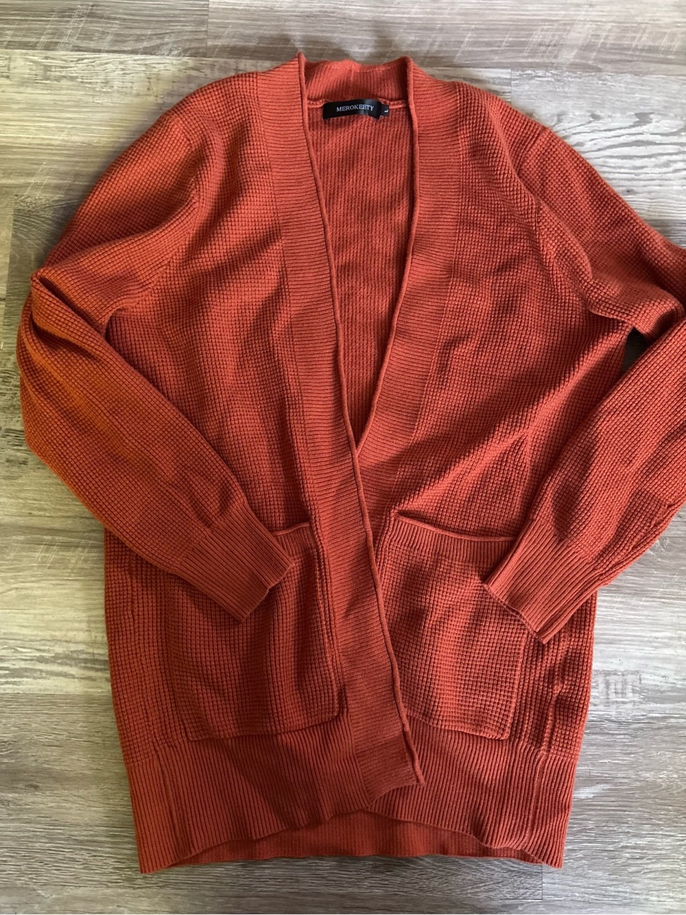 MEROKEETY Women's Rust Waffle-Knit Open Front Cardigan Sweater Size L